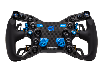 Volante Cube Controls F-CORE EVO de sim racing, vista frontal con placa de fibra de carbono