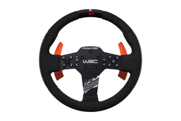 Fanatec CSL Elite WRC wheel with Alcantara and orange stitching, front view