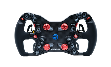 Volante Cube Controls F-PRO Color Edition de fórmula, vista frontal con botones RGB y placa de fibra de carbono