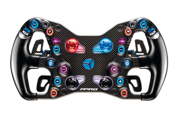 Volante Cube Controls F-PRO de fórmula para sim racing, vista frontal con botones RGB y placa de fibra de carbono