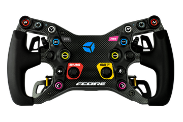 Volante Cube Controls F-CORE de fórmula para sim racing, vista frontal con placa de fibra de carbono